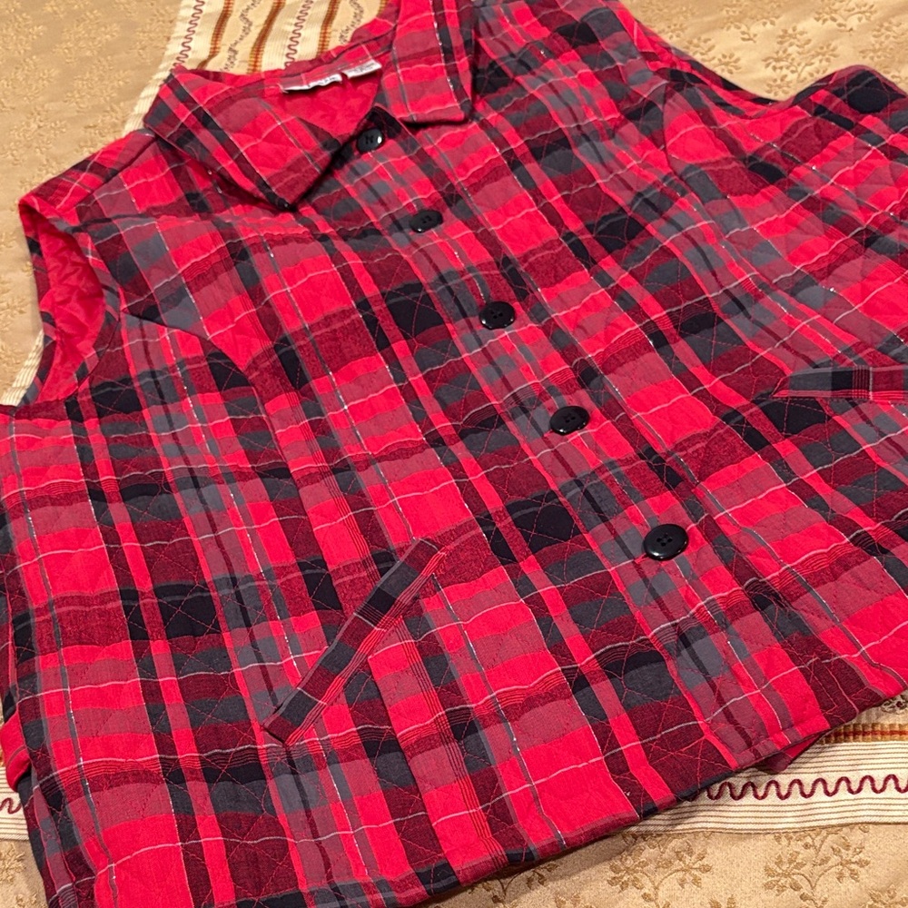 Allison Lane Plaid Red Vest, Cotton blend, Black buttons, 1X